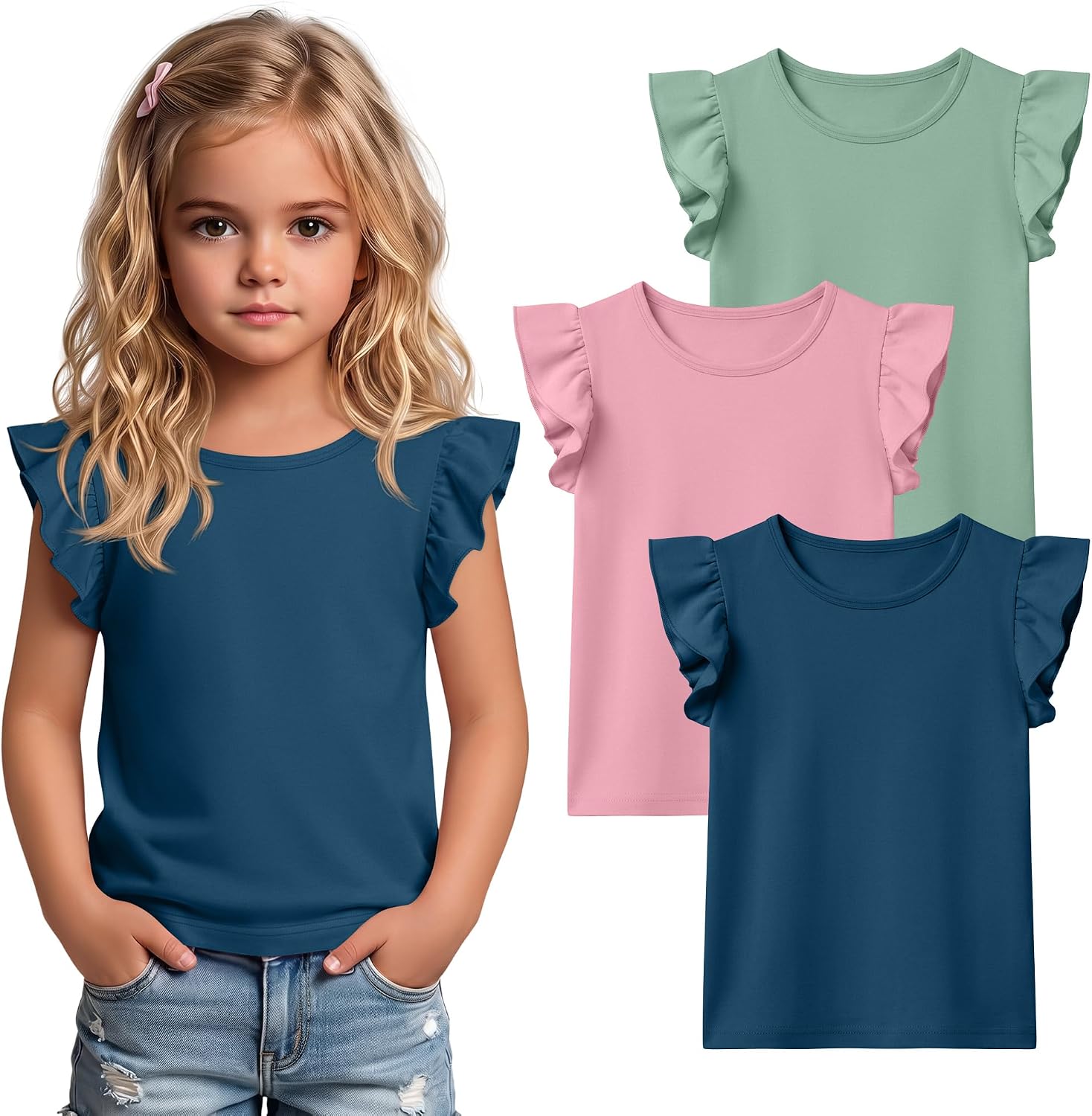 Yooo's Vivi 3 Pack Toddler Girl's Ruffle Sleeve T-Shirt Baby 18M-5T Infant Plain Sleeveless Tank Tops Casual Cute Summer Tees