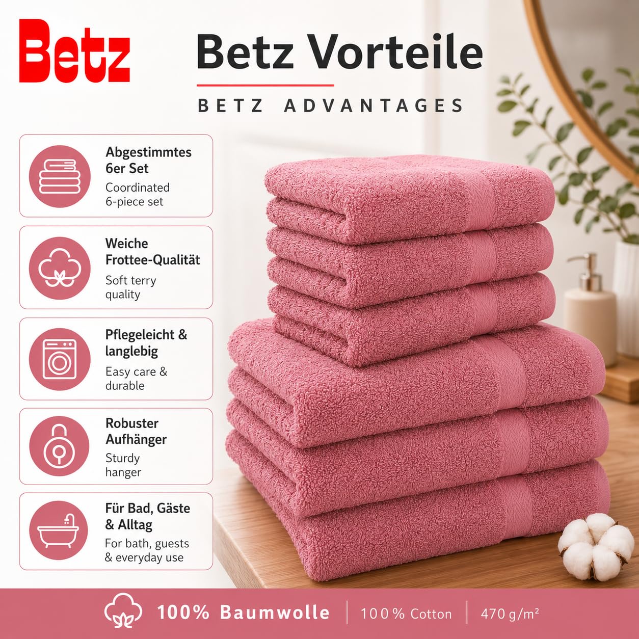 Betz Zestaw ręczników PREMIUM - 6-częściowy zestaw ręczników - 2 x ręczniki prysznicowe - 4 x ręczniki do rąk - 50 x 100 cm - stara róża