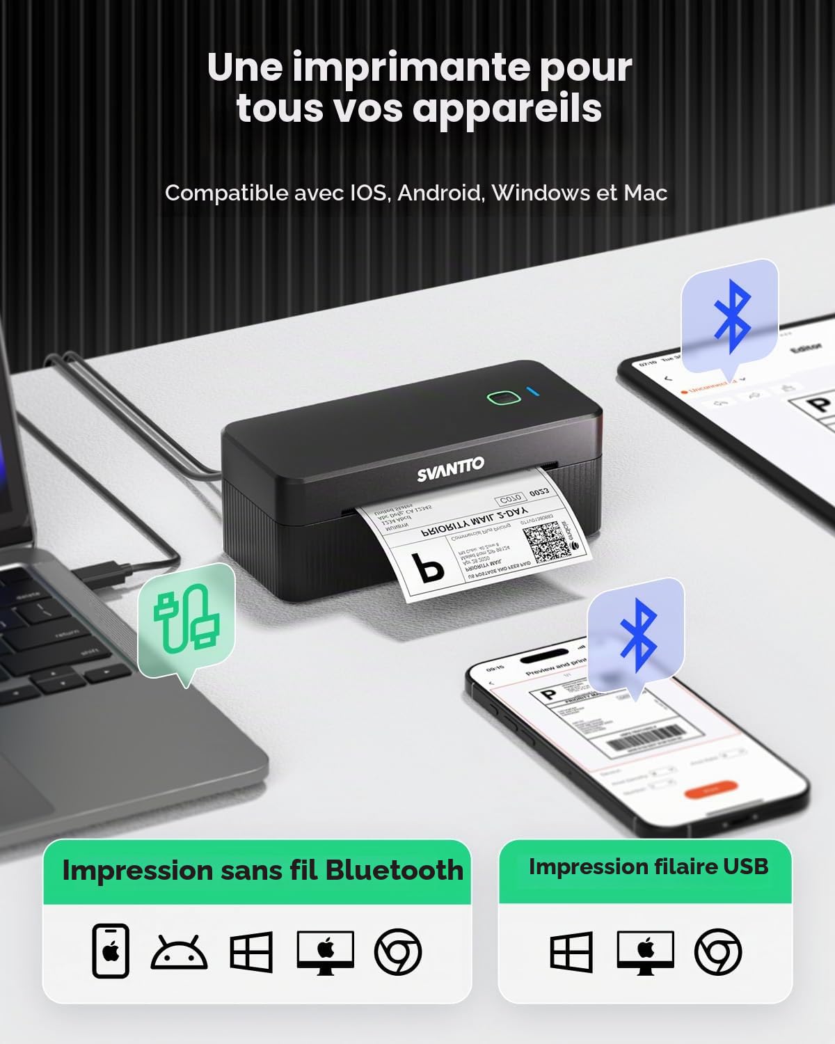 SVANTTO Imprimante Etiquette Expedition Bluetooth, Imprimante Etiquette Autocollante 4x6 pour Petites Entreprises, Compatible avec DHL, DPD, UPS, Shopify, iPhone, Mac, Windows, Noir