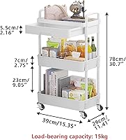 Vista 5 de Calmootey 3-Tier Rolling Utility Cart with Drawer,Multifunctional Storage Organizer with Plastic Shelf & Metal Wheels,Storage Cart for Blanco