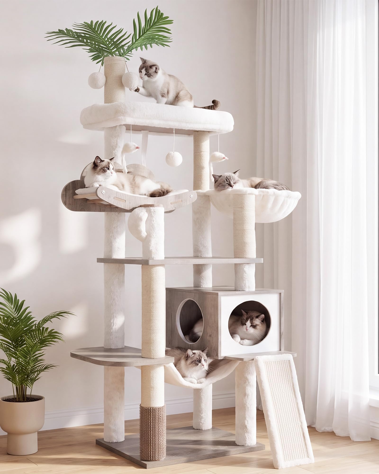 Heybly Holz Kratzbaum, für Indoor-Katzen, Katze Condo für große Katzen mit Selbst Groomer, Moderne Katze Kratzturm mit Korb, Hängematte, baumelnden Ball und Blätter, Rustic Gray HCT120SG