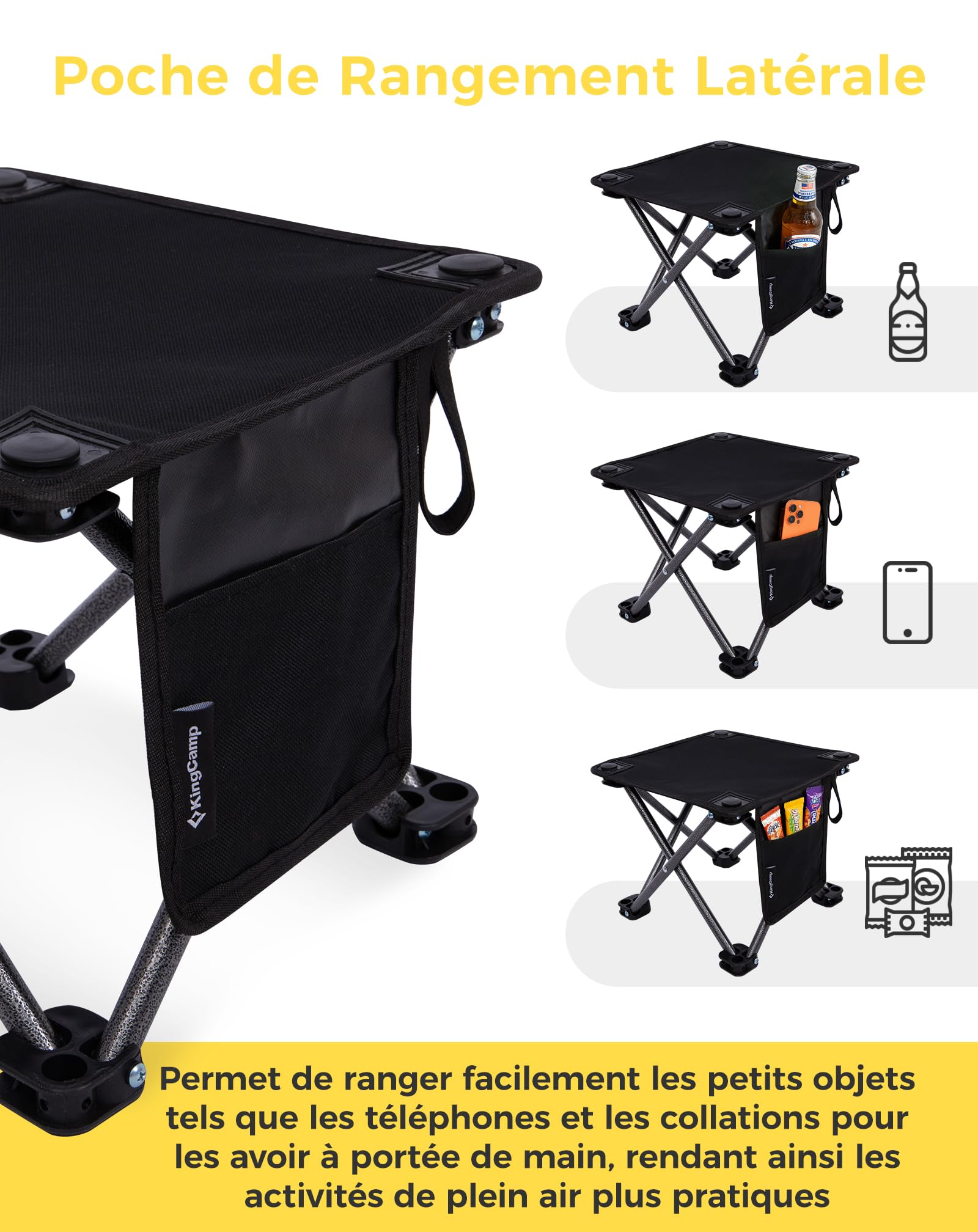 KingCamp Lot de 2 Tabourets de Camping Pliables jusqu'à 180 kg Noir | Légers 0,65 kg avec Assise Basse 28x28 cm, Format Compact et Sac de Transport pour Pêche, Jardin et Outdoor