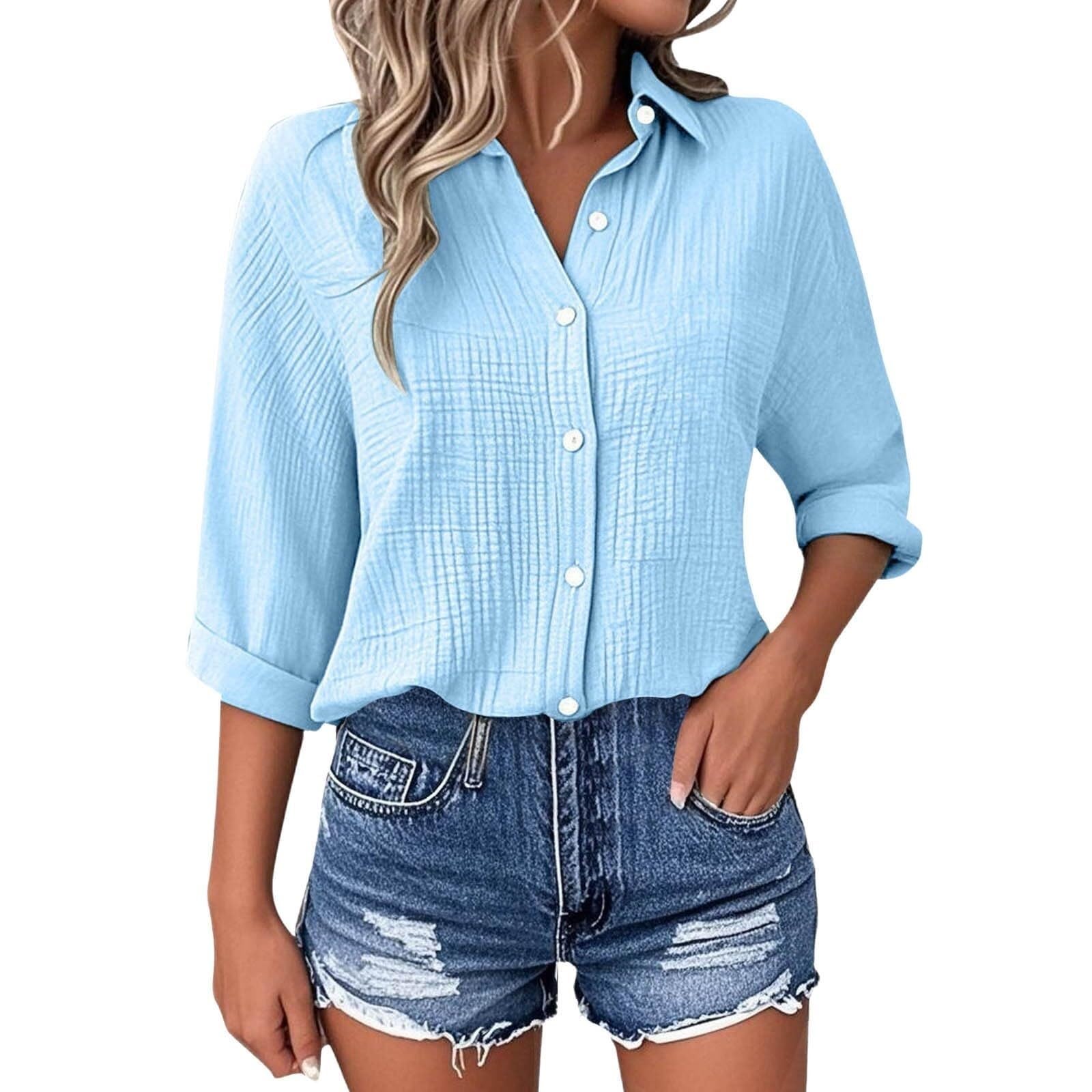 Camicetta da donna in mussola con maniche a 3/4, in cotone e lino, estiva | Maglietta per il tempo libero, casual, con bottoni, classica, estiva, leggermente ariosa
