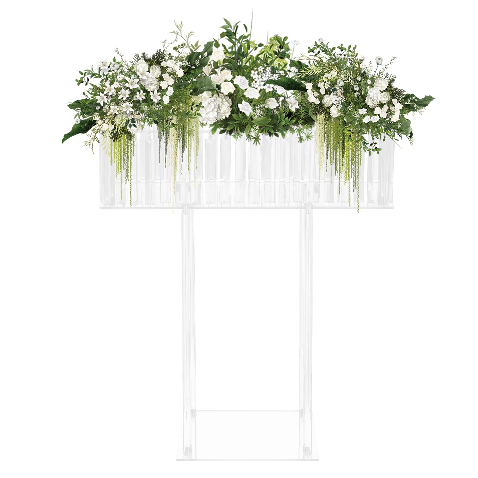 Silver Crystal Vases for Centerpieces, 2Pcs 35.43in Tall Metal Vase w/Acrylic Crystal Pendant, Rectangular Flower Stand for Wedding Reception, Birthday Party Events, Home Decor