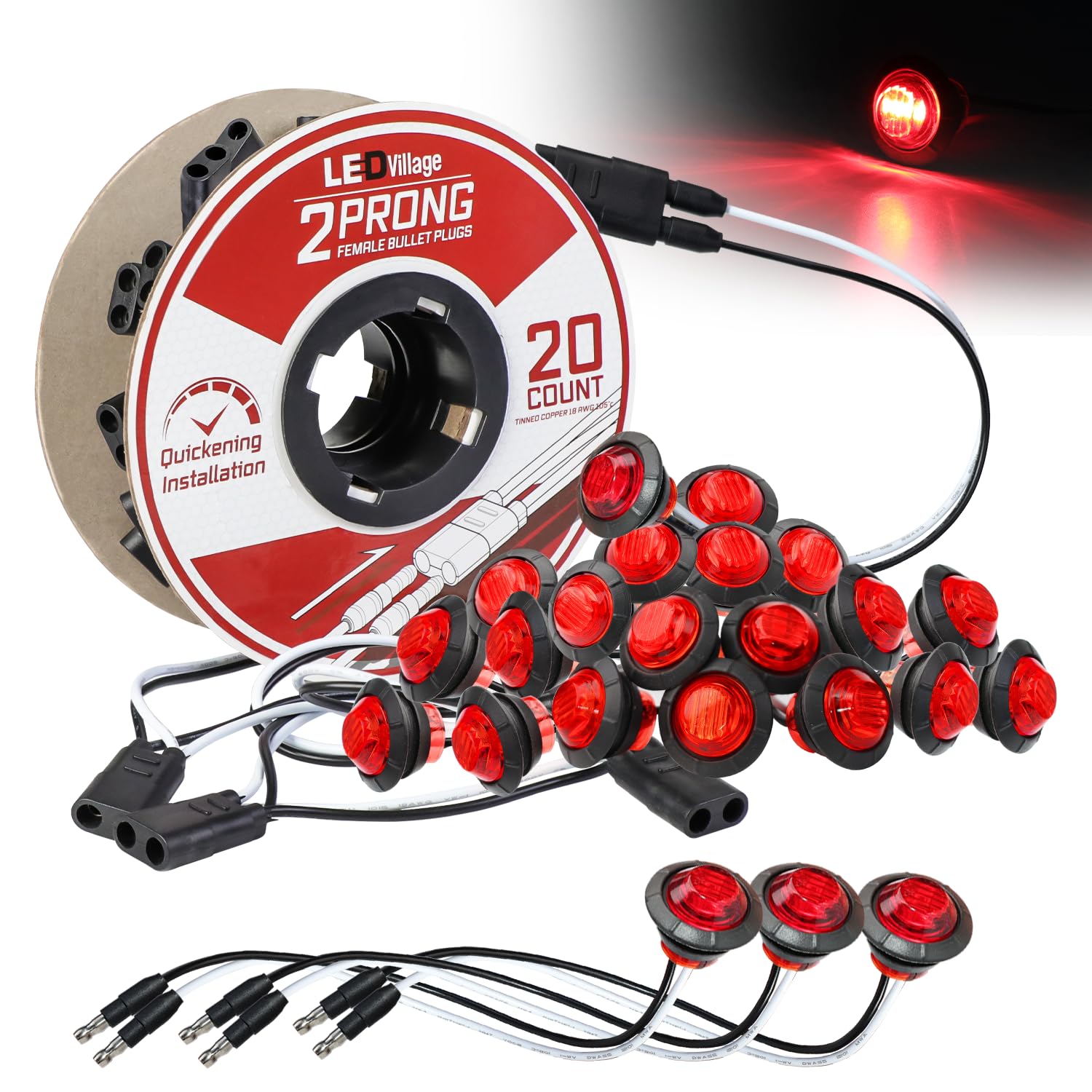 Bundle Pack 3/4" Red LED Marker Light DC Plug (20 Pcs) + 2 Prong Harness Roll 20 Counts Indicator Light, Clearance Light for Truck Trailer RV Pickup