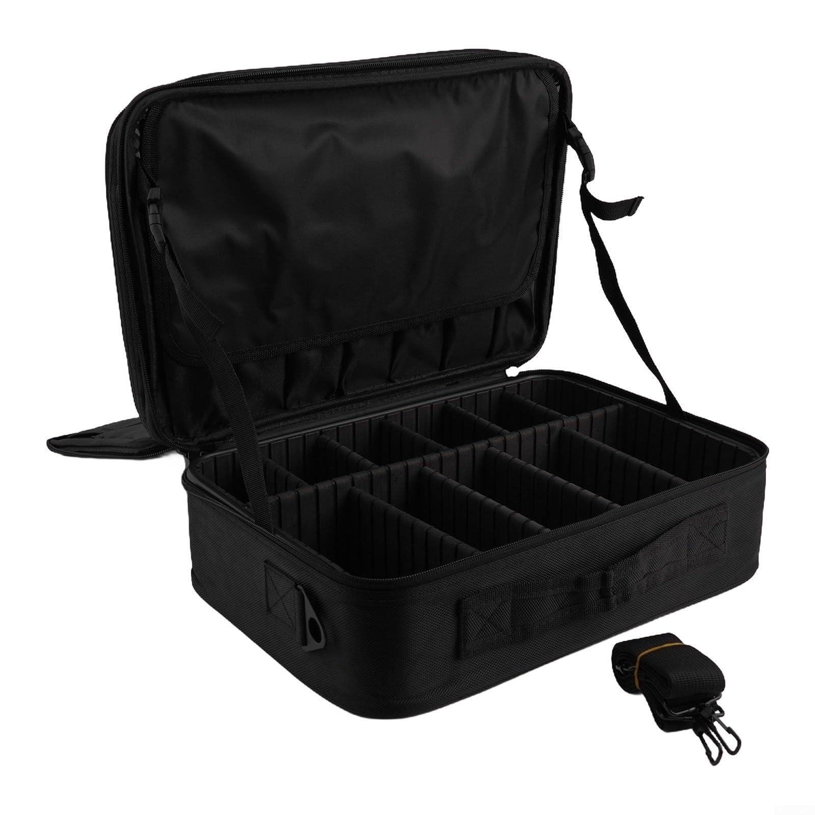 Angelrollenkoffer, klein und groß, Angelrollen-Organizer, verstellbare Trennwände, gepolstertes Futter, stoßfestes Innenteiler-Design, robust und wasserabweisend, 1860D Oxford-Stoff, Schwarz (L)