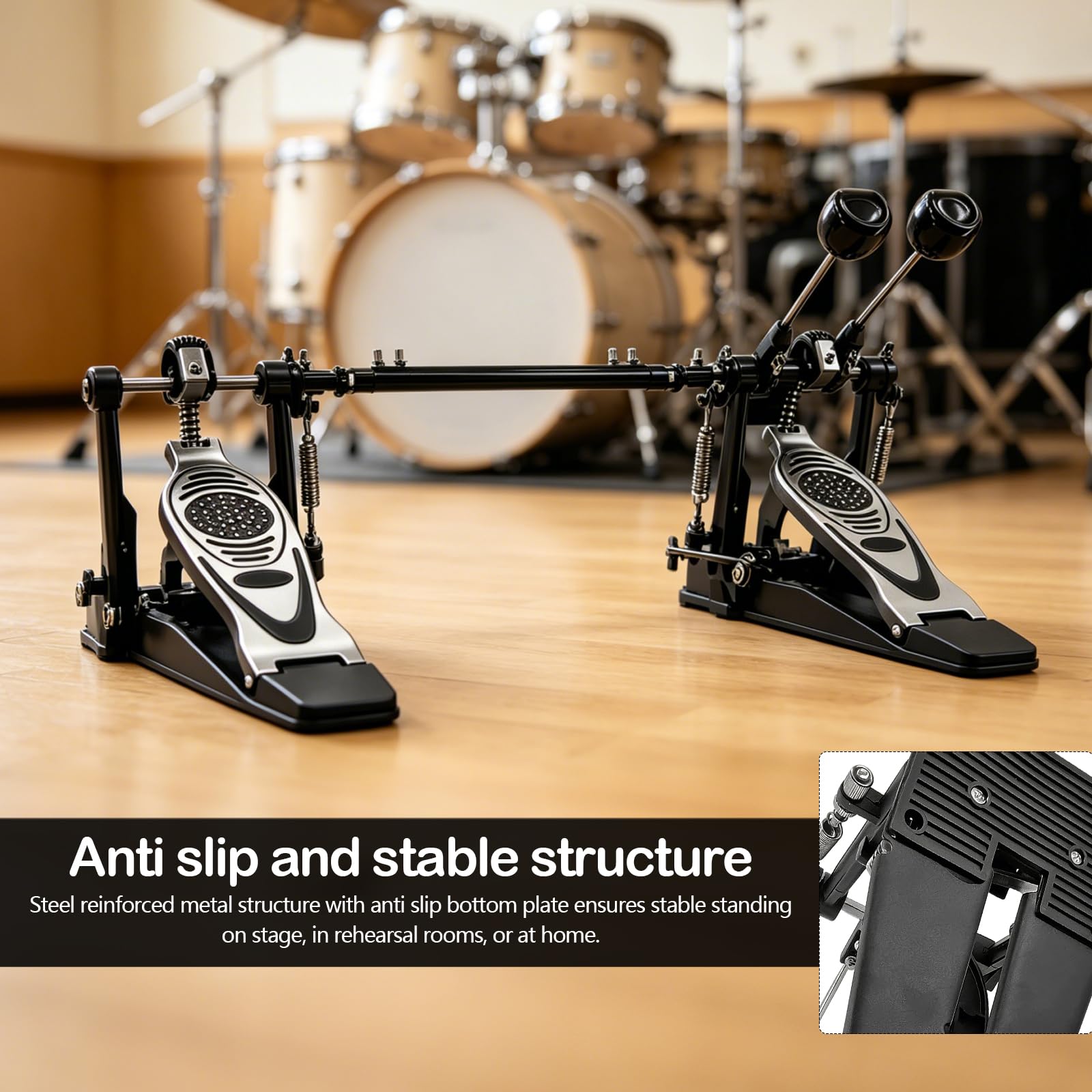 Doble Pedal Bombo para Batería, Pedal Doble Profesional con Transmisión de Doble Cadena Accesorios de Percusión para Batería de Jazz y PrácticaIncluye Barra de Conexión y Llaves de Ajuste