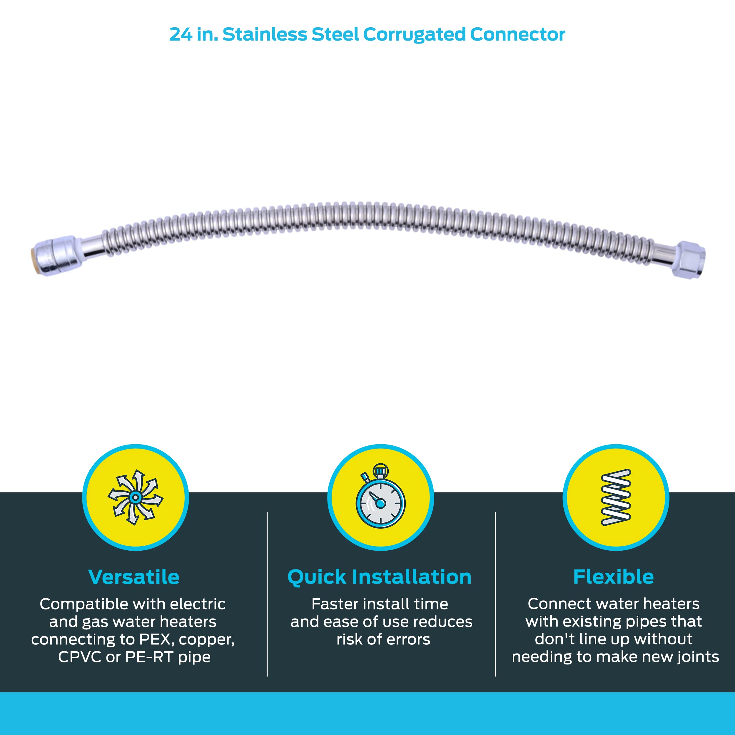 SharkBite 3/4 Inch x 3/4 Inch FIP x 24 Inch Stainless Steel Corrugated  Flexible Water Heater Connector, Push To Connect Brass Plumbing Fitting, PEX  Pipe, Copper, CPVC, PE-RT, HDPE, SS3088FLEX24LF - Amazon.com