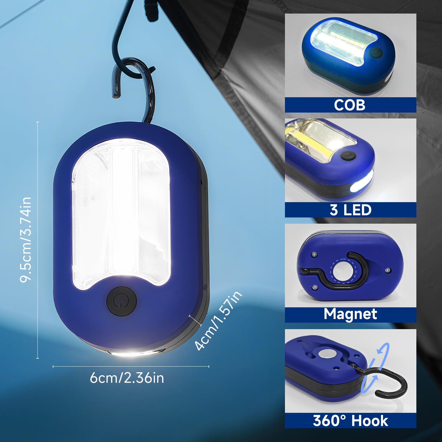 Lampada da campeggio a LED 3 in 1, mini torcia, torcia portatile tascabile, luce da lavoro magnetica, torcia con gancio, 144 lumen, 2 modalità a batteria, luce per esterni, emergenza, garage