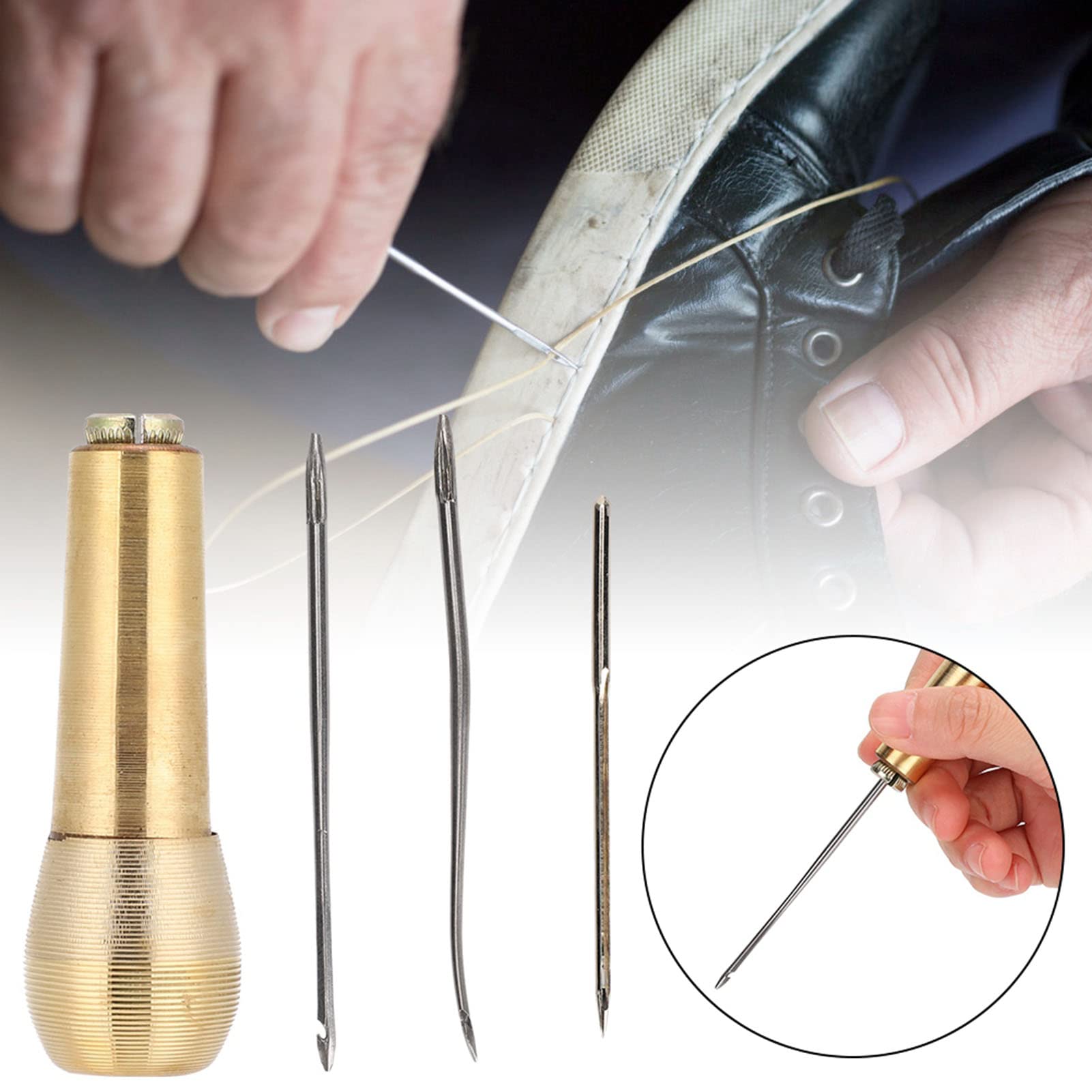 2 Set Copper Handle Leather Sewing Awl Kit for Shoe Repair, Handcraft with Round, Straight, Bent Needles