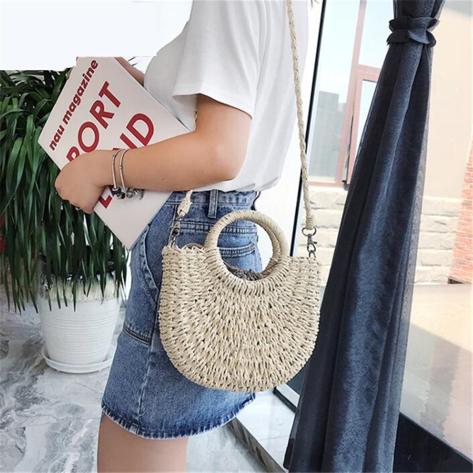 Bolso de Paja Tejido de Mimbre semicircular Hecho a Mano, bandoleras Cruzadas de Verano for Mujer, Bolso de Playa pequeño for niñas Bolsade de Viaje para Mujer(Khaki Ribbon)