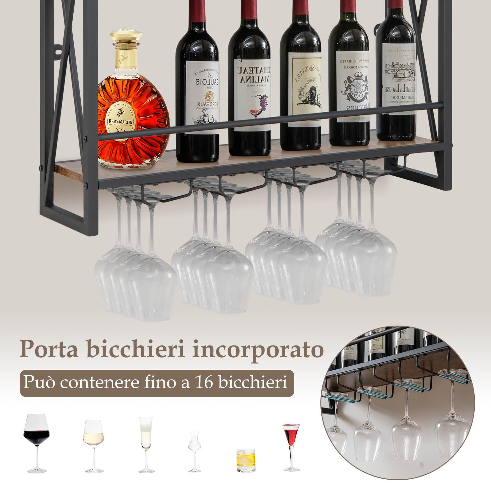 COSTWAY Portabottiglie per Vino da Parete Industriale, Scaffale di Stoccaggio per Vino a Parete a 2/3 Livelli con Porta Calici, in Metallo, per Casa, Bar, Cucina, Ristorante (80 x 20 x 63 cm)