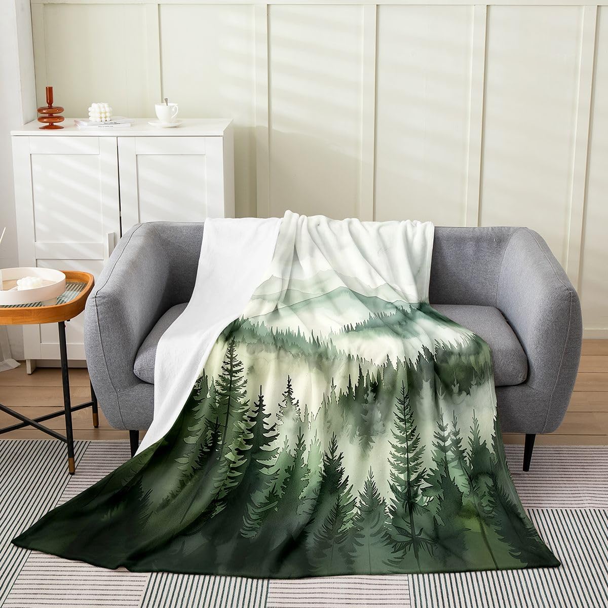 jejeloiu Mountain Fleece Throw Blanket Foggy Mountain Flannel Blanket Plush Fuzzy Green White for Bed Couch Chair Living Room Tree Twin 60"x80" Bedroom Decor