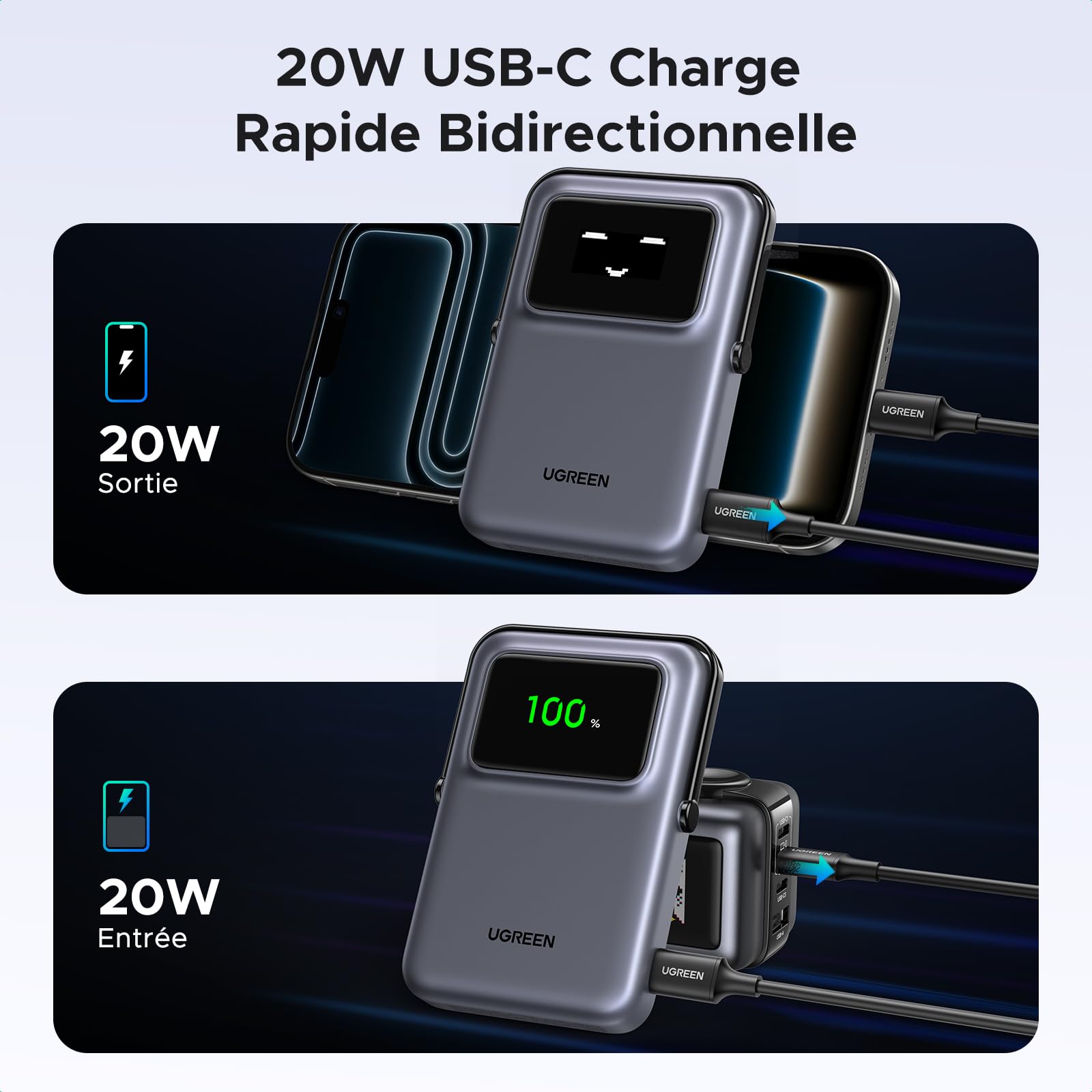 UGREEN Uno Batterie Externe 10000mAh 20W Emoji Affichage Support Pliable Compatible avec MagSafe iPhone 17 16 15 14 13 12 Air Plus Pro Max Power Bank Induction USB C Charge Rapide Magnétique