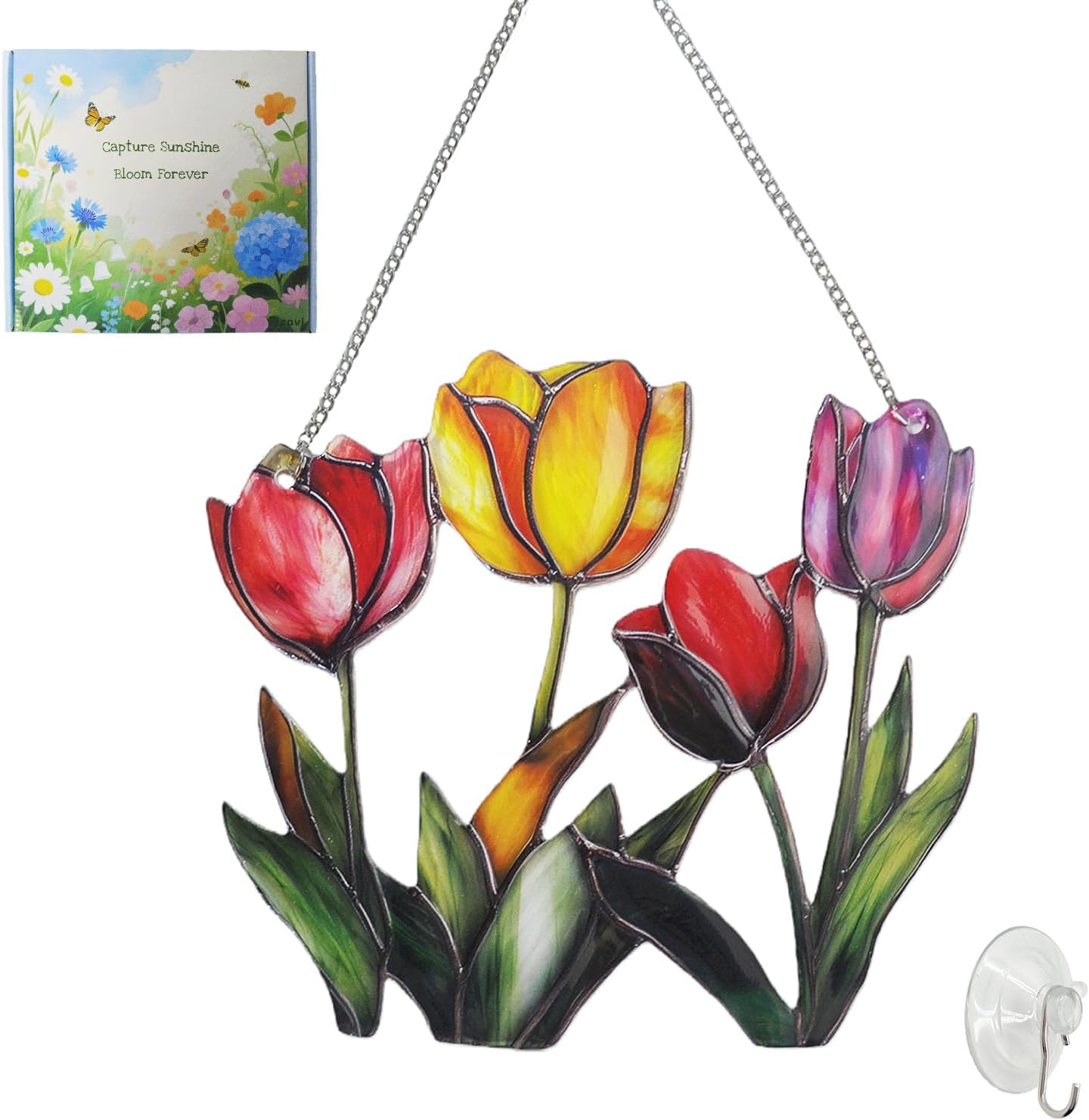 Tulip Sun Catcher Indoor Window Handmade Stained Glass Window Hanging Flowers for DecorationTulip Gifts for Women Mother Mom Grandma Friends Wall Art for Home Decor (Tulip, Medium)