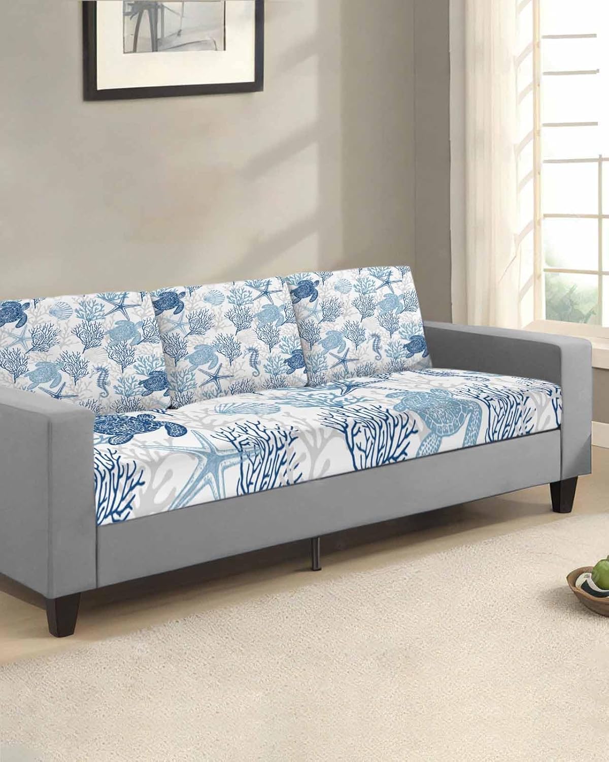 Blue Ocean Coastal Couch Cushion Covers, Universal Sofa Cover L Shape Stretch Couch Covers Summer Beach Coral Turtle Starfish Seat Cushion Slipcovers for Sectional Sofa Furniture Protector M-1pcs