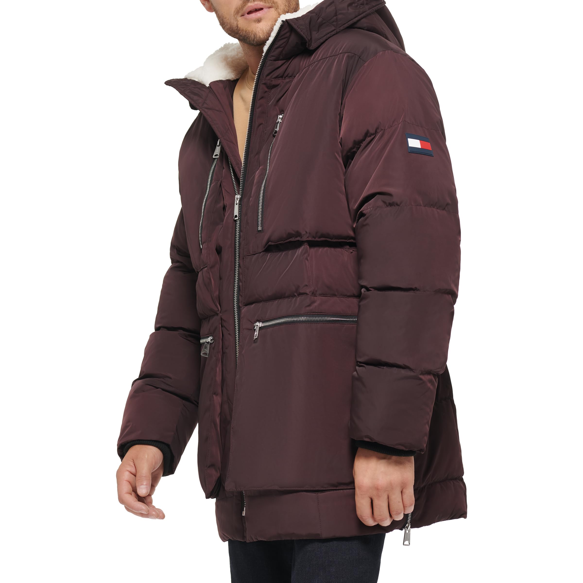 Tommy Hilfiger Heavyweight Quilted Sherpa Hooded Parka für Herren, Port, L – Ansicht 3