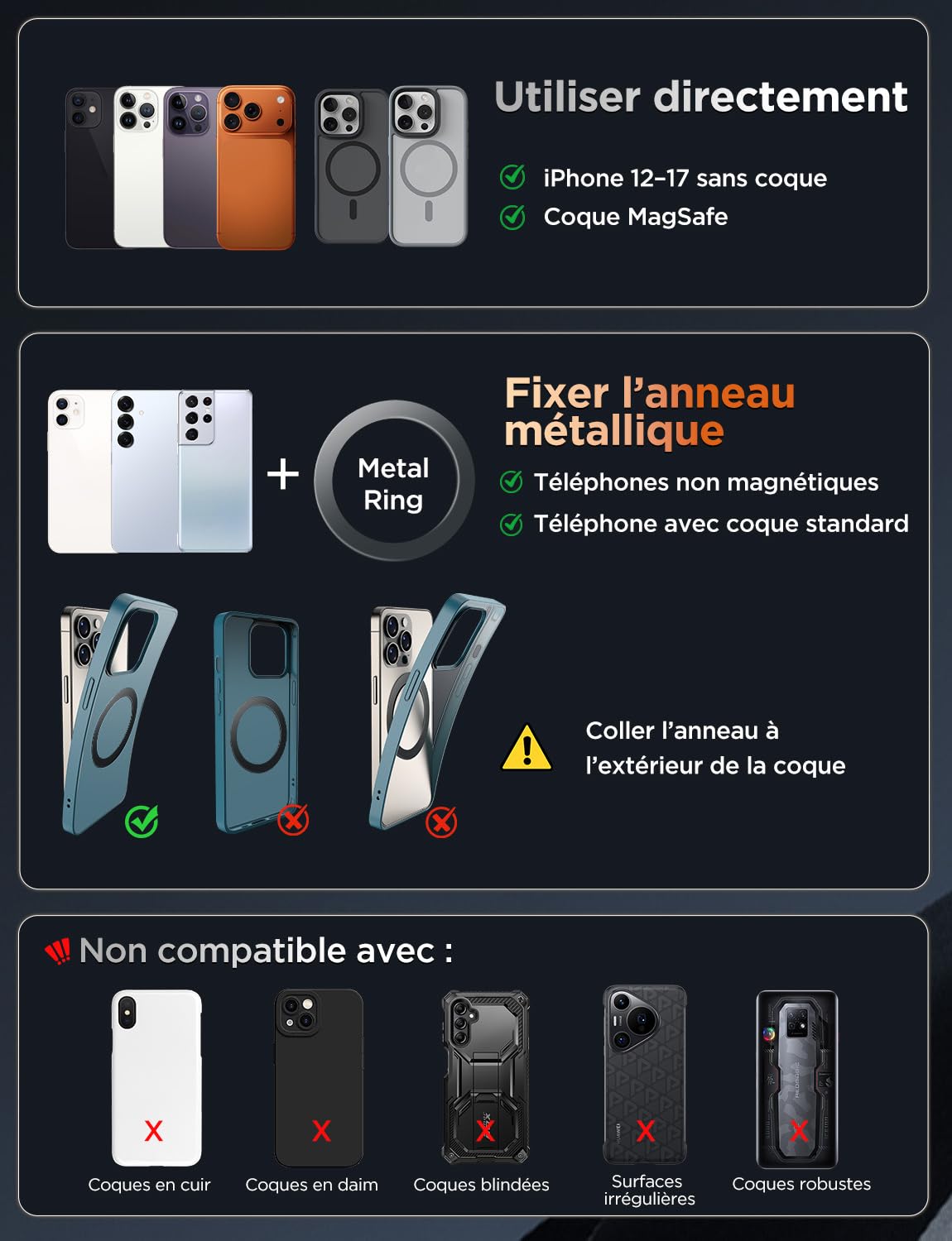 MSXTTLY Support Téléphone Voiture – Vmag S3 Adaptateur Magnets Puissants ＆ Longue en Alliage, Support Téléphone Portable pour iPhone 17 Pro Max, iPhone 16 Pro Max et Android (avec Anneau Magnétique)
