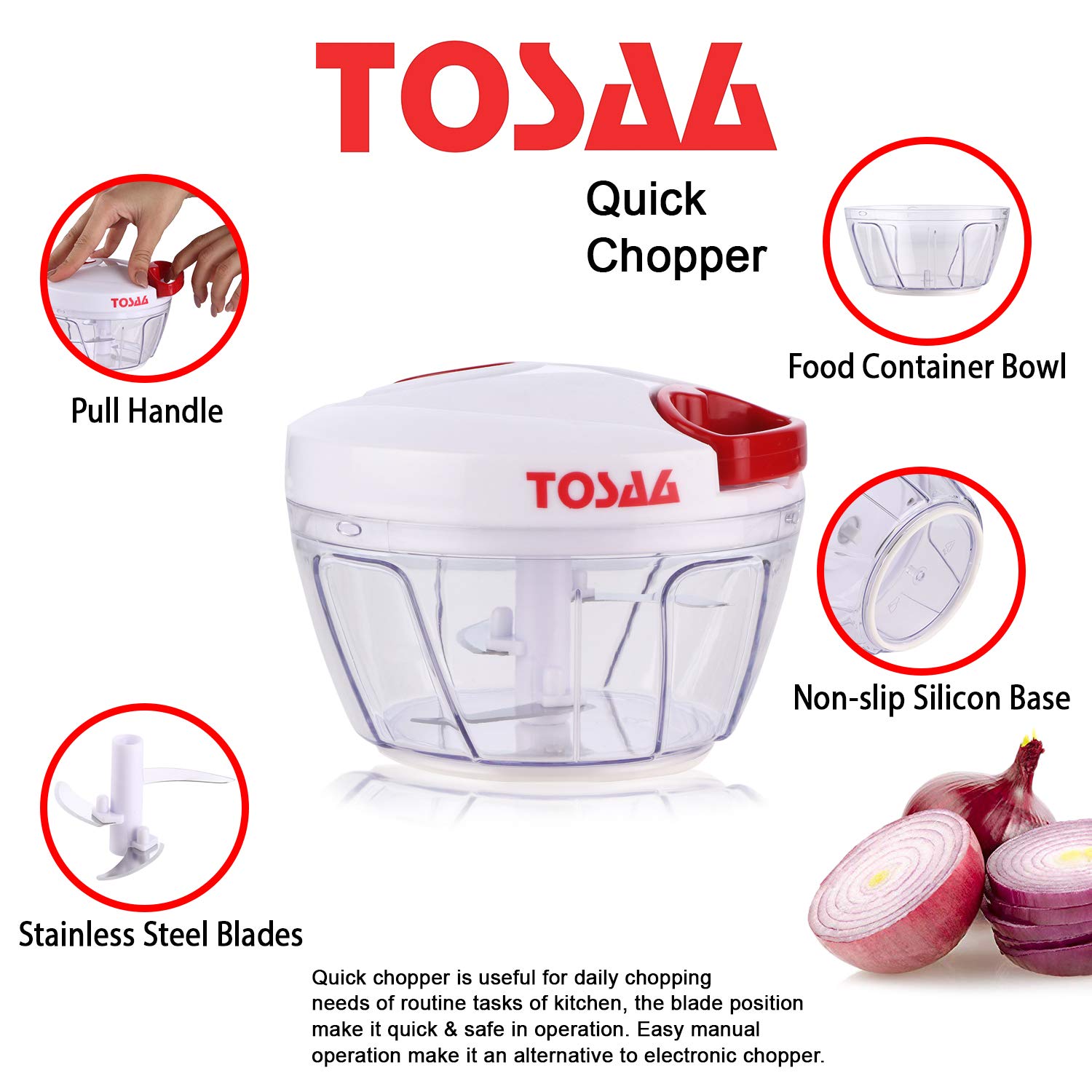 Tosaa Vegetable Pull Chopper 500 ml with Curved Dish   & 3 SS Spiral Blades (Color May Vary, Plastic) - Image 7 thumbnail