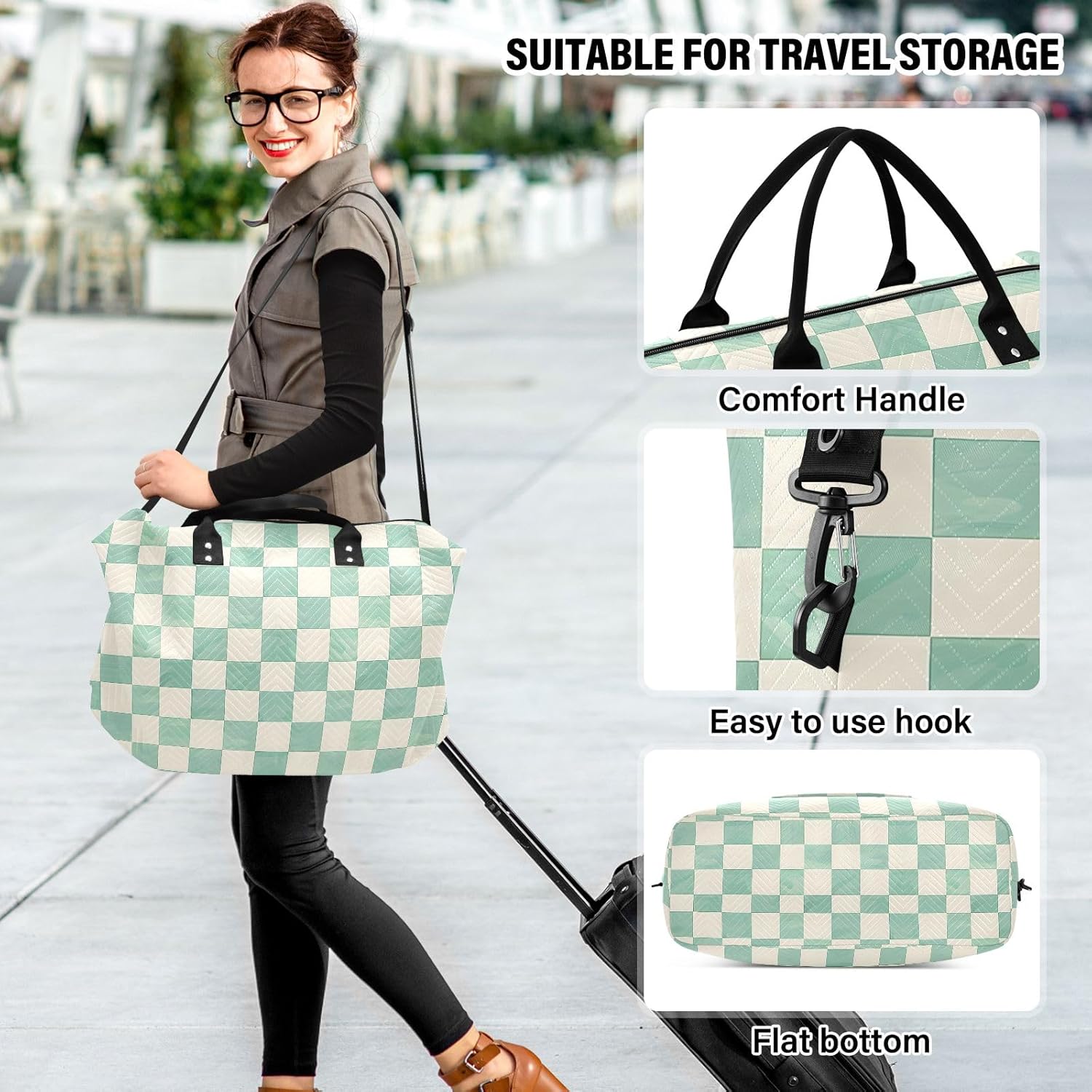 senya Weekender Bags Travel Duffel Gym Bag Mint Cream Checkerboard Carry on Overnight Tote Bag with Toiletry Bag for Airplane Travel Trip Gym Yoga, g366833926p1006c1071s2442