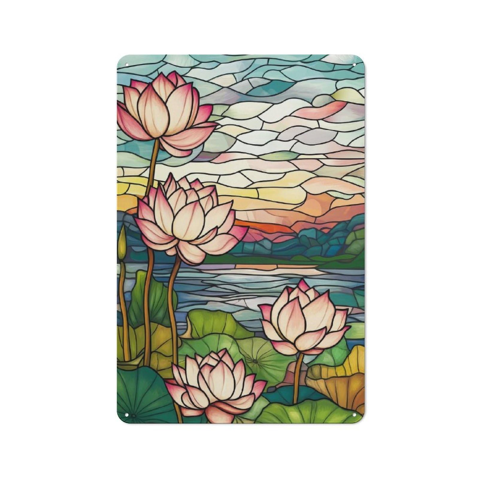 Junmoney Style-21 Metal Plaque 30X20cm With Lotus Flowers Stained Glass For Pub Or Café, Vintage Decor, For Metal Sign Collectors, For Vintage Wall Decor Fans