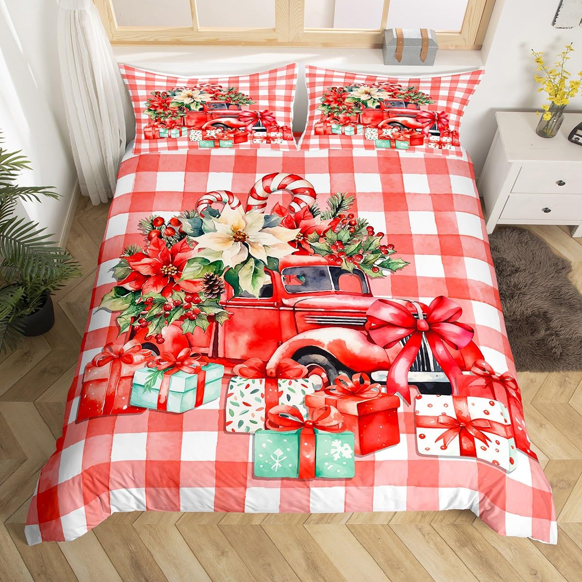 Christmas Duvet Cover Set Super King Size, Watercolor Flower Red Truck Comforter Cover with 2 Pillowcases, Red Plaid Print Bedding Set 3pcs for Kids Boy Girls Bedroom Decor New Year Bedspread Cover