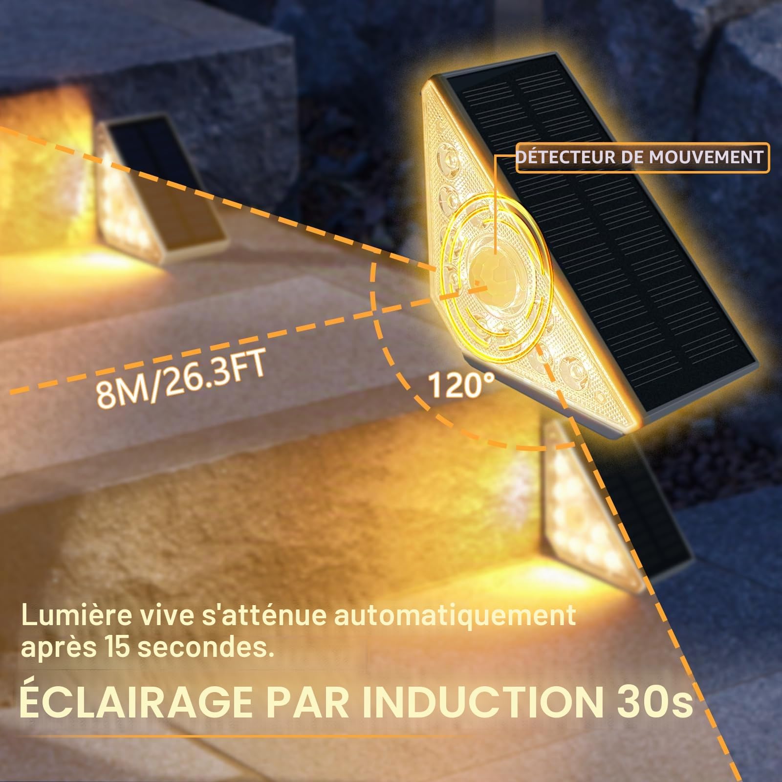 Lot de 4 lampes solaires d'escalier d'extérieur avec détecteur de mouvement, lumière blanche chaude, éclairage solaire d'escalier, IP44 étanche, 800 mAh, pour jardin, escalier, terrasse, porte