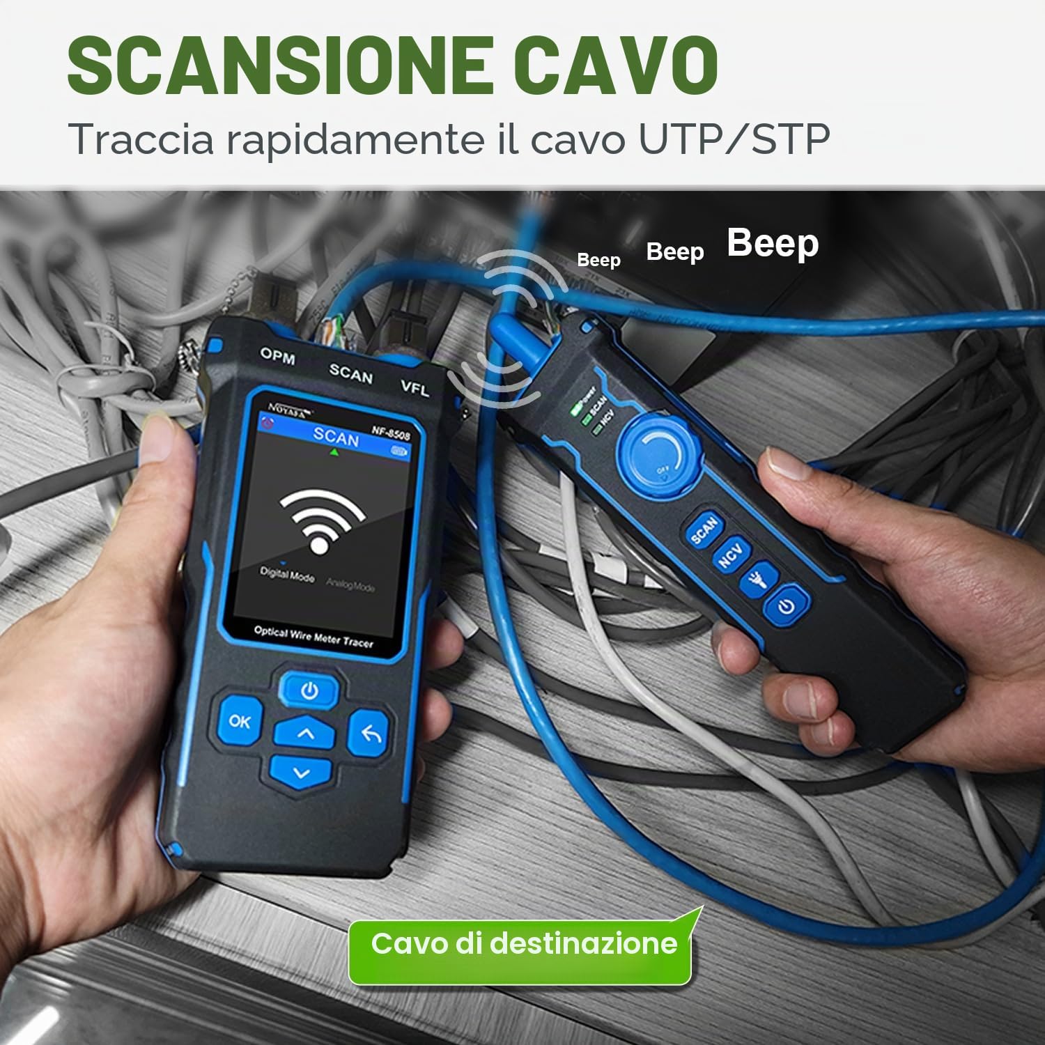 NOYAFA NF-8508 Tester per Cavi di Rete con Misuratore di Potenza Ottica, VFL e Localizzatore di Fili, Tester per Cavi Ethernet CAT5/CAT6, Rete RJ45 e PoE