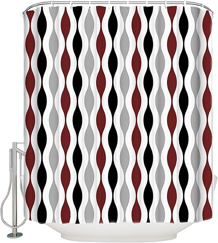 Miniatura 4 de YOKOU Cortina de ducha, patrón geométrico de rayas onduladas, de mediados de siglo, negro, gris, burdeos, rojo, repelente al agua, cortinas de baño