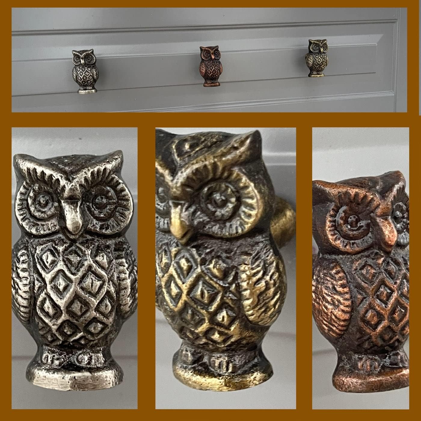 Owl Drawer Knob Antique Brass x3