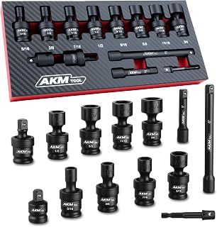 3/8" Drive Universal Impact Socket Set, 13 Piece Swivel Socket Set, Universal Joint Wobble Socket 6-Point, SAE, 5/16"-11/16", Cr-Mo, with Extension Bars, Socket Adapter, Drill Bit Adapter