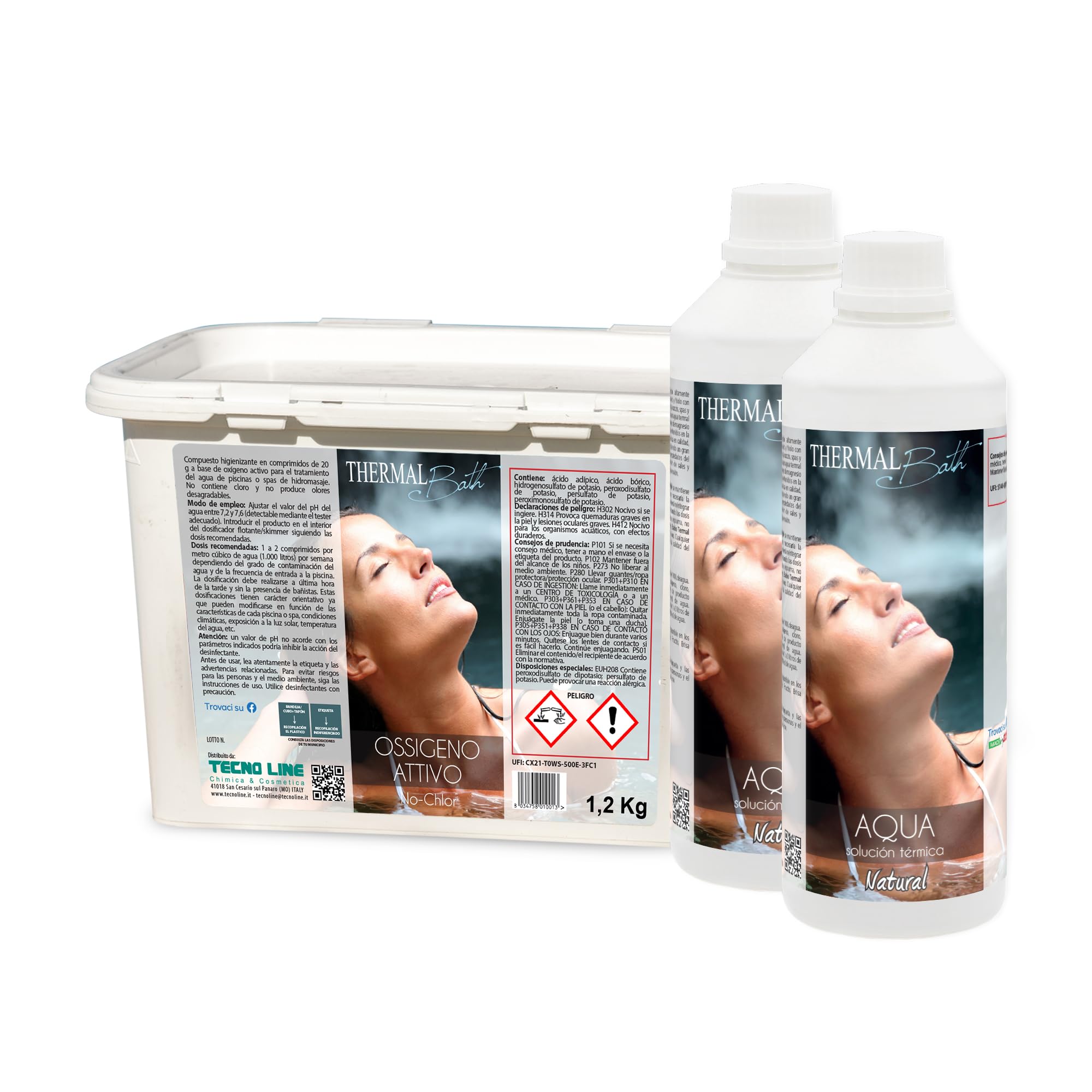 Thermal Bath SET Ossigeno Attivo past. 20gr 1,2Kg + 2pz Aqua Natural da 1Lt | Ossigeno attivo pastiglie 20gr e Acqua Termale Inodore con Magnesio, Potassio e Iodio, Ideale per Piscina e Spa Idromassaggio