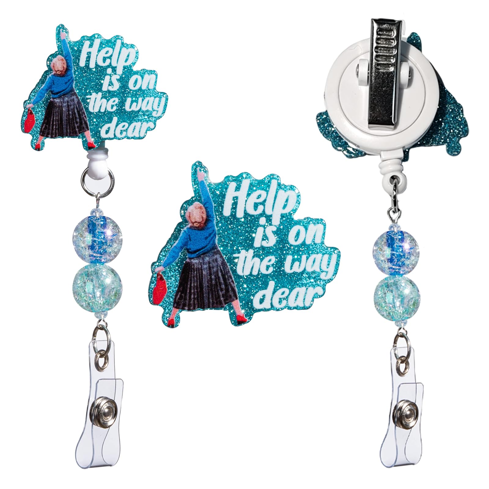 ID Badge Holder with Retractable Clip, Funny Nurse Badge Reel with Trendy Beads, Help is On The Way Dear Cute Badge Reels for Nursing, Doctor, Teacher