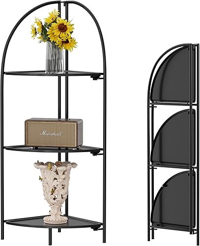 Miniatura 25 de Crofy Estante esquinero plegable de 5 niveles, soporte de esquina de metal para plantas con marco dorado y estantes transparentes, estante de Marco