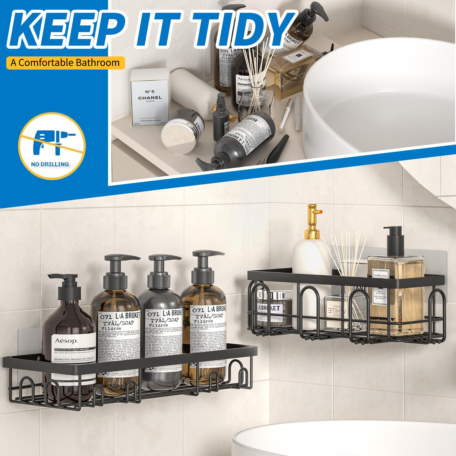 KIKIRICO - Set Da 5 Contenitori Portaoggetti Adesivi Per Doccia In Acciaio Inox Nero: Organizer A Parete Senza Fori, Forti E Antiruggine Per Bagno E Cucina. - 5