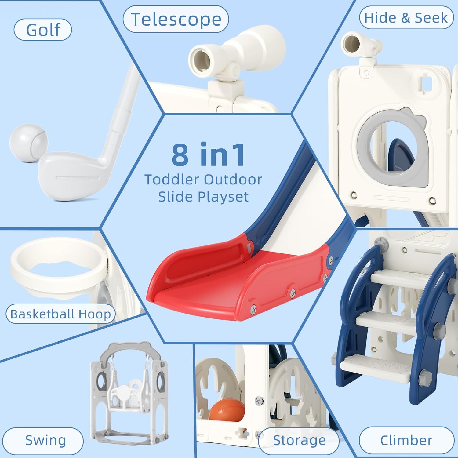 KORIMEFA 8 in 1 Toddler Slide and Swing Set for Toddler Age 1-3 Years, Toddles Playset Playground Indoor and Outdoor Swing Slide Climber Playset w/Basketball Hoop & Golf Set, Blue