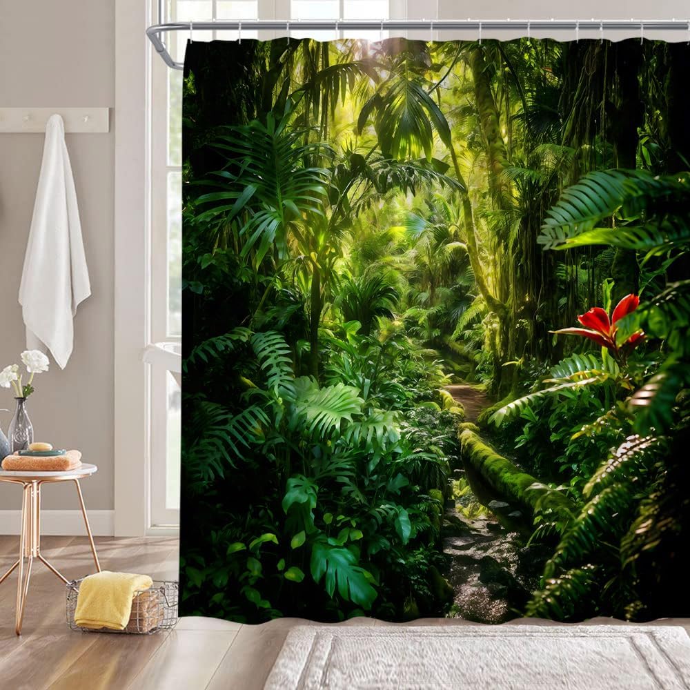 GCTNBJL Tropical Rainforest Shower Curtain Nature Green Forest Jungle Plant Leaves Sunshine Summer Natural Scenery Landscape Bathroom Decor Fabric Curtain with Hooks