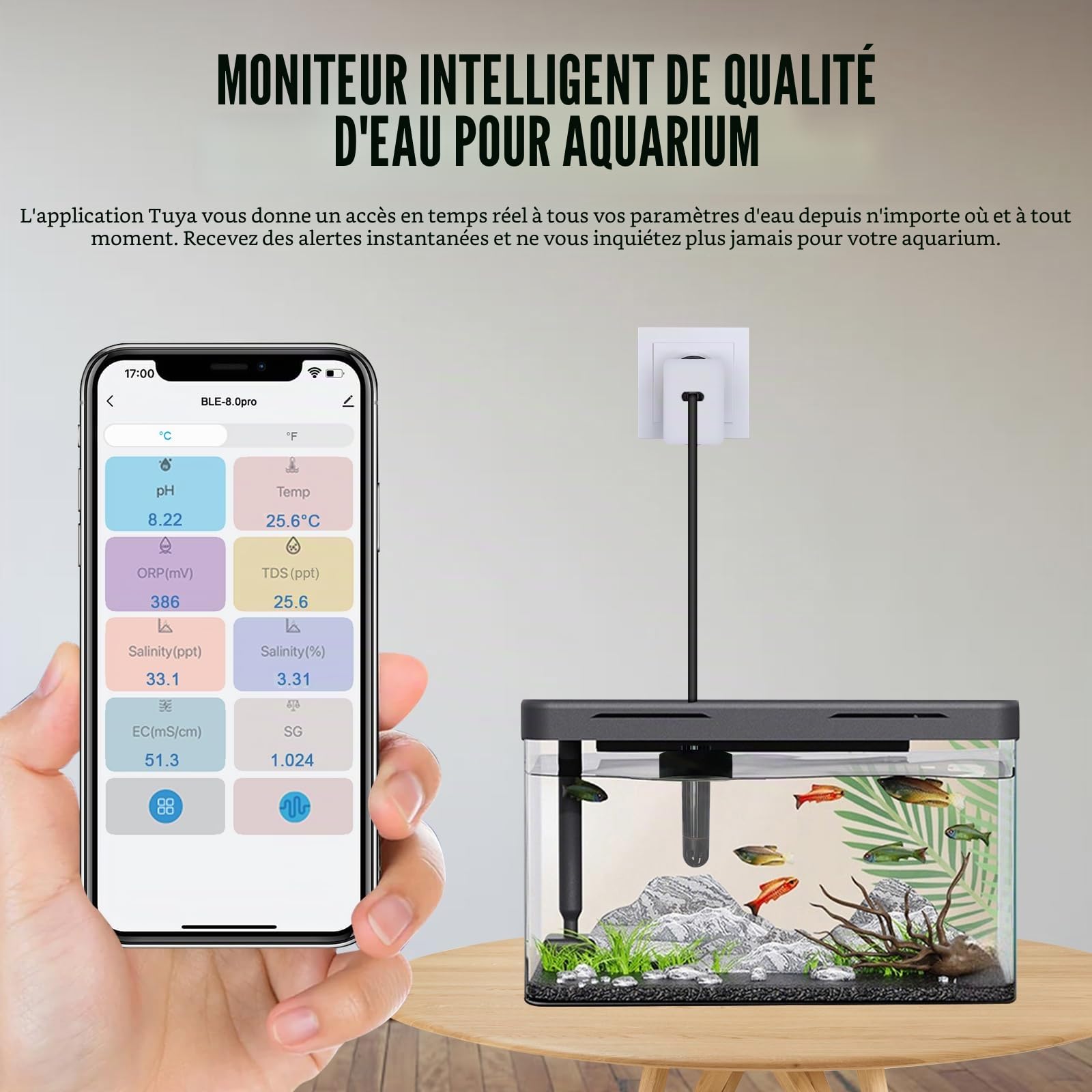 TEKCOPLUS Moniteur de qualité de l'eau Wi-Fi intelligent 7 en 1 pour aquarium et hydroponie - Testeur numérique pour pH, température, TDS, salinité CE, gravité spécifique et ORP - sonde