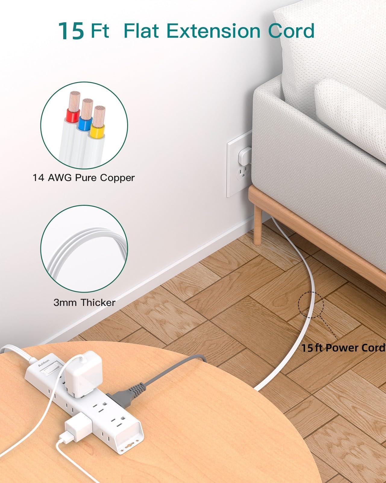 15FT Extension Cord Surge Protector Power Strip, 12