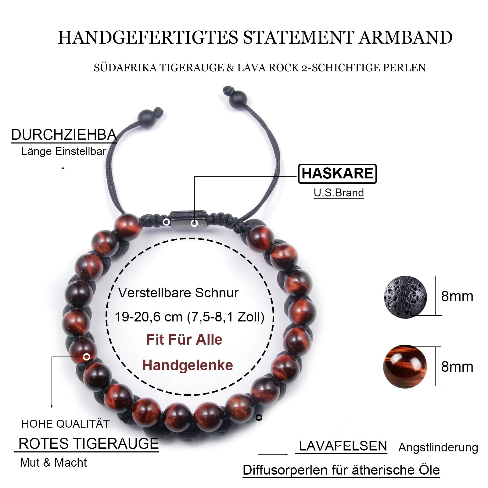 HASKARE Armband Stein Tigerauge Armband für Herren, Echte Steine Perlenarmband Rot Tigerauge Lava Doppelte Perlen Armbander für Männer 19cm, Handmade Energie Edelstein Armband aus für Ihn