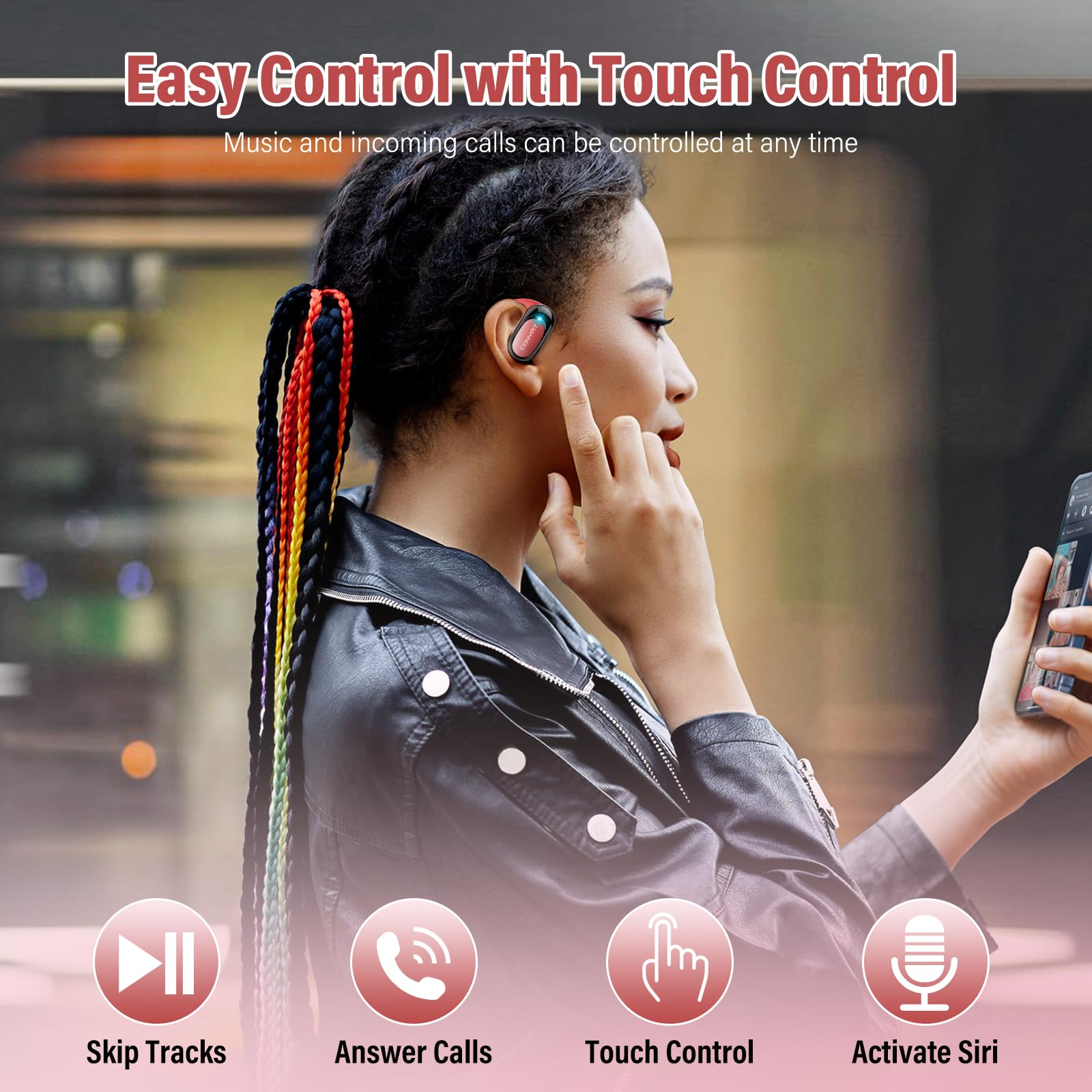 Conyat Ecouteurs Bluetooth Sans Fil Open Ear, Écouteurs Bluetooth 5.4 Avec 4 MIC, IP7 Étanche Casque Sport Avec Écran LED, Contrôle Tactile, Rouge