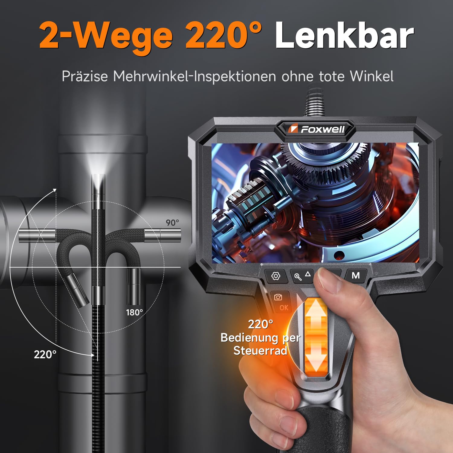 FOXWELL 6,2mm Professionell 2-Wege Schwenkkopf Endoskopkamera mit Licht | 220° Schwenkkopf, IP67 wasserdicht, IPS Display, Foto/Video, 1,6m Kabel, 6 dimmbare LEDs für Werkstatt, KFZ & Rohr