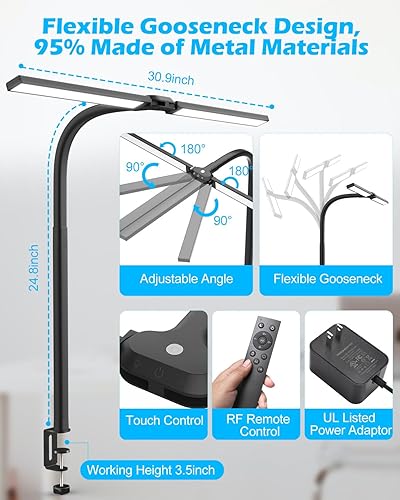 Miniatura 3 de Lámpara de escritorio de arquitecto de doble cabezal de 24 W para oficina en casa, ultra ancha de 30.9 pulgadas, luz de escritorio con atenuación