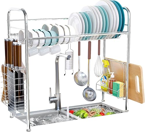 HOWDIA Escurridor de platos sobre el fregadero, escurridor de platos de acero inoxidable sobre el fregadero con soporte para utensilios, escurridor