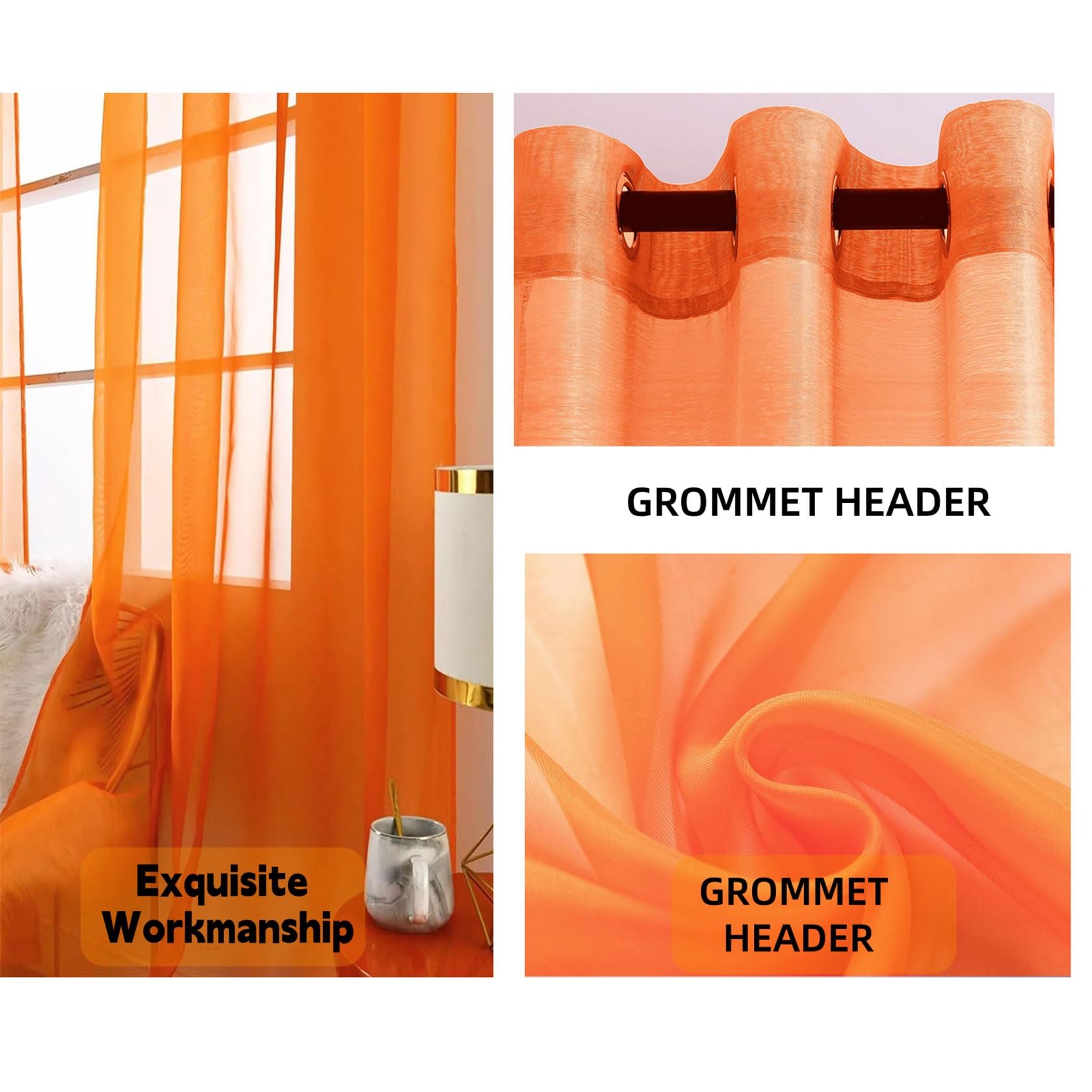 Voile Gardinen 200 x 230 cm mit Ösen, aus Voile Polyester, Luftig Fenstervorhang, Lichtdurchlässig Einfarbige, Optik Transparent, Langlebig für Fenstervorhang Wohnwagen, Orange