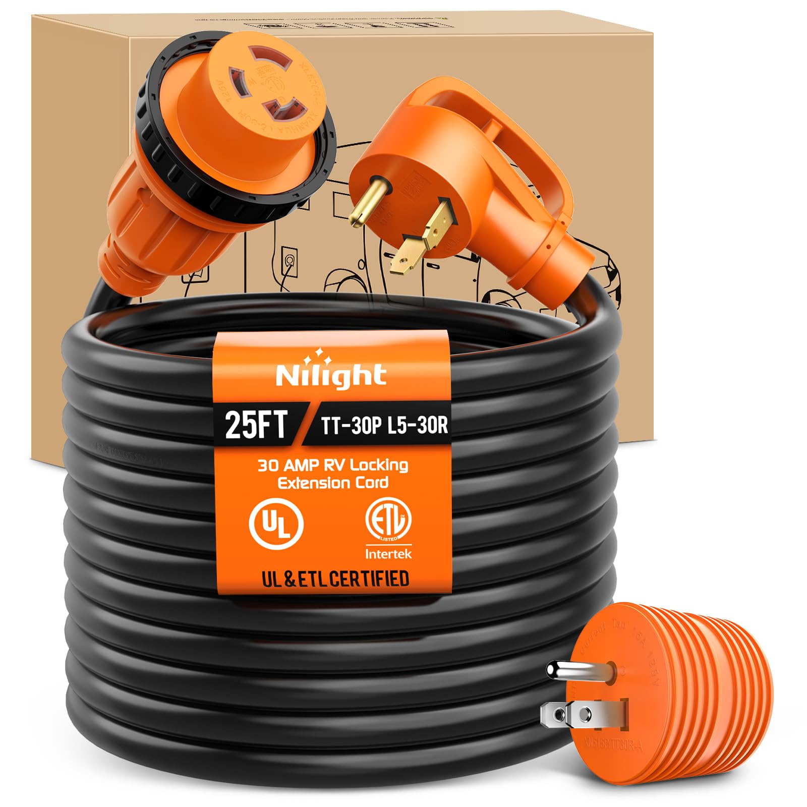 Nilight 30 Amp 25FT RV Locking Extension Cord with Adapter 15Amp to 30Amp 125V Heavy Duty 10 Gauge Pure Copper STW Wire ETL Listed 3 Prong TT-30P L5-30R 30F/30M Weatherproof Suit for Camper Trailer