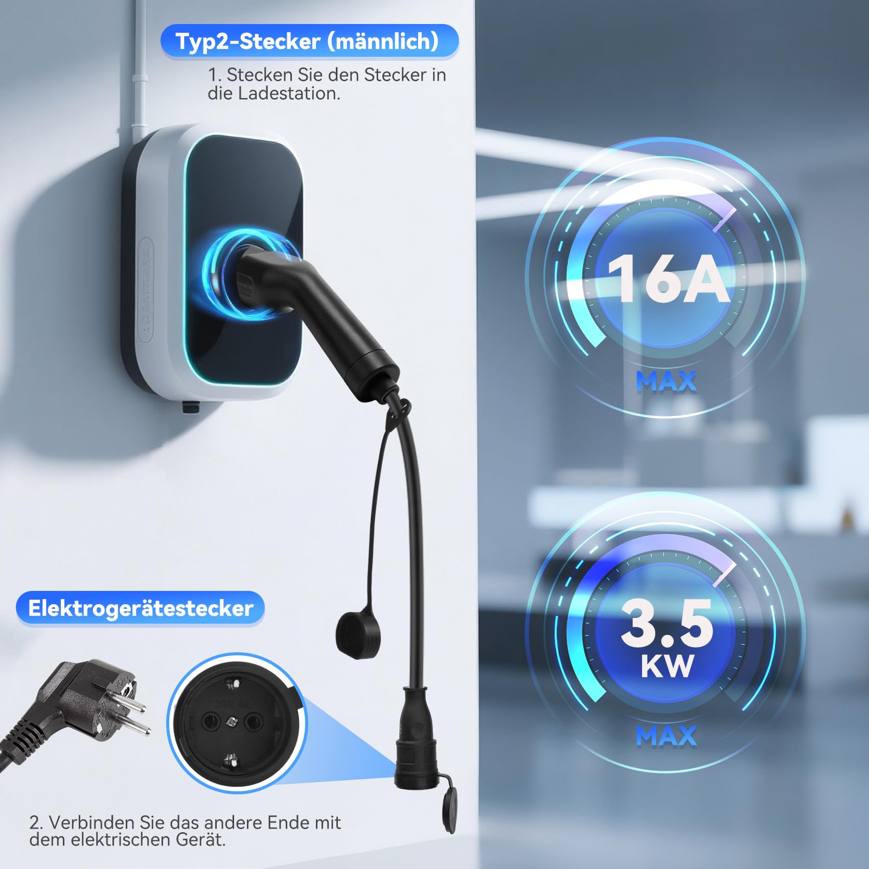 JULIK Typ 2 auf Schuko Adapter 16A 250V, Typ2 IEC 62196 EV Ladekabel LadegeräT Ladestationen Wallbox zu Schuko Steckdose für Elektrofahrzeuge E-Auto E-Motorrad Haushaltssteckdose (schwarz)