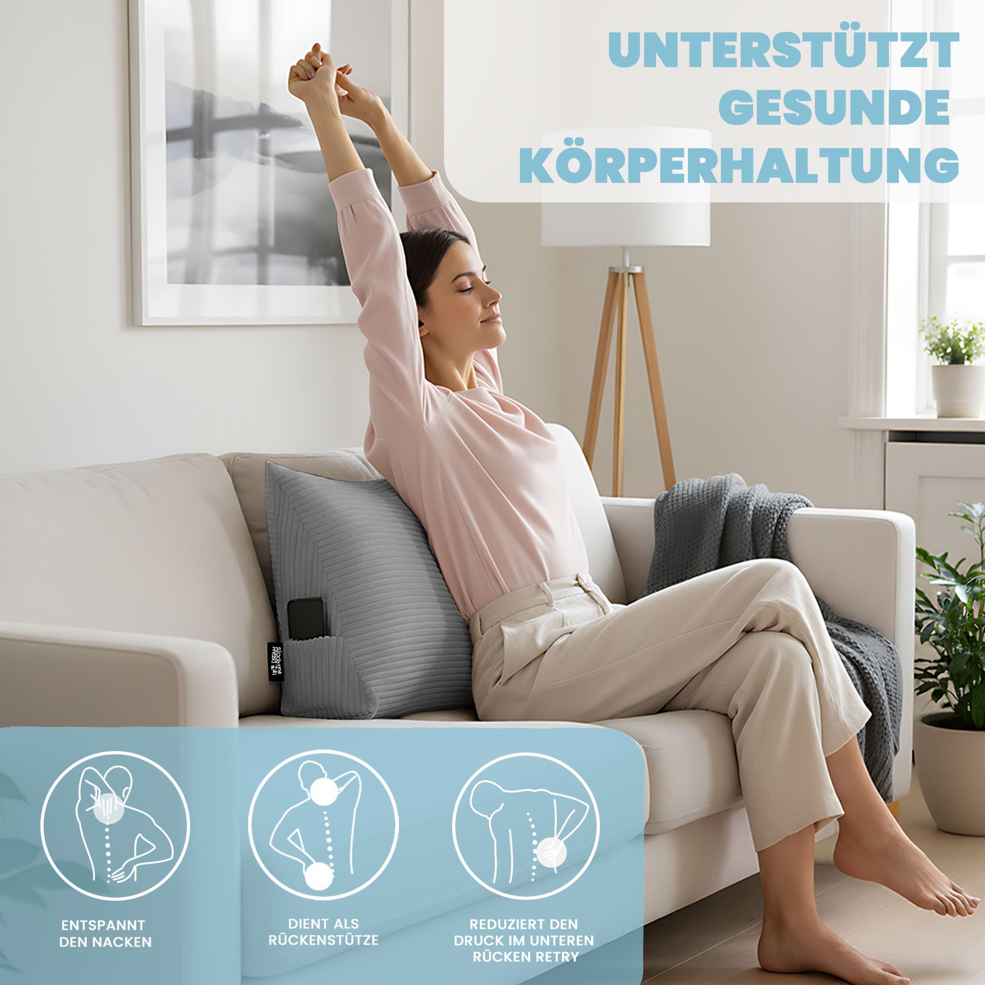 DreamRoots Rückenkissen Keilkissen Bett - Verstellbares Lesekissen & Wandkissen, 70×40×20 cm Cord-Bezug 380 g/m², abnehmbar & waschbar, Seitentasche - Sofa Rückenkissen Dunkelgrau