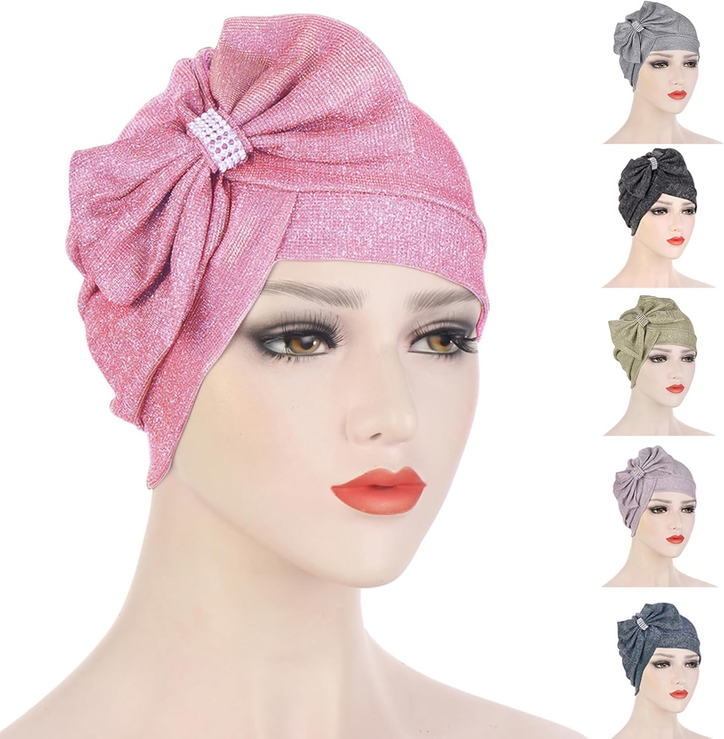 Women Hijab Turban Hat for Front Forehead for Big Bow Bonnet for Head Scarf Ruched Headw Silver - Image 8