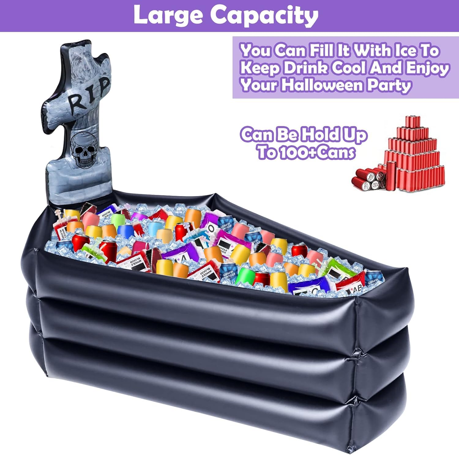 TURNMEON 43 Inch Halloween Inflatable Tombstone Coffin Drink Cooler 100+ Cans Large Capacity Halloween Party Decorations Indoor Outdoor Home Party Supplies Inflatable Serving Bar Food Drink Container